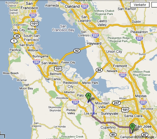 Die Bay Area: Von Palo Alto (A) nach San Jose (B) sind es rund 18 Meilen/30 km
