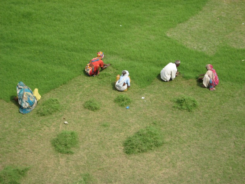 Landschaftspflege: Gärtnerinnen beim Rasenmähen